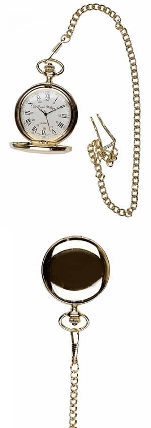 A photo of a plain polished gold style pocket watch with roman numerals